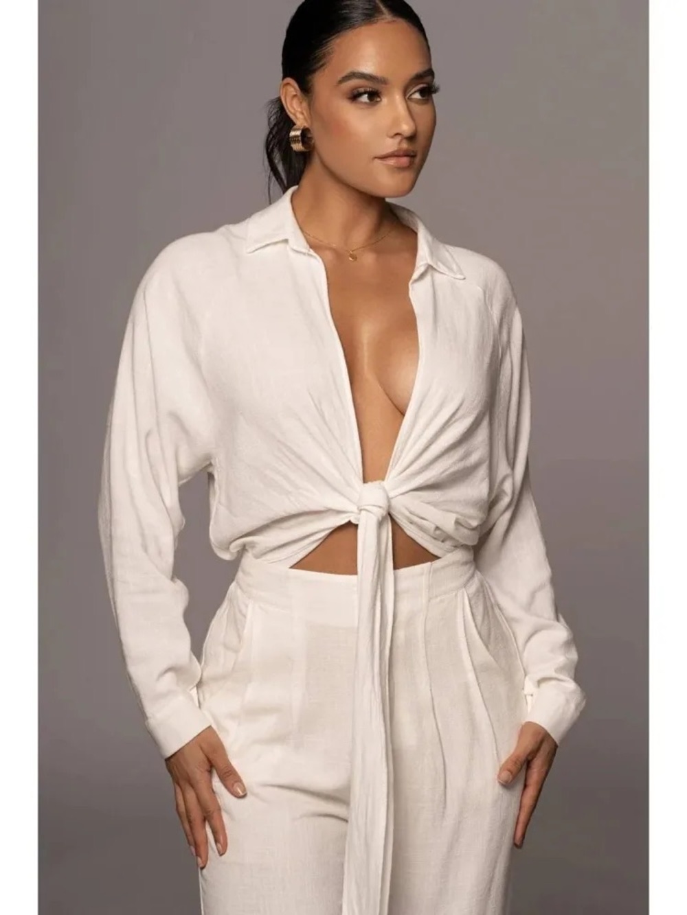 JLUXLABEL Cream Tie-Front Collared Button Down Blouse